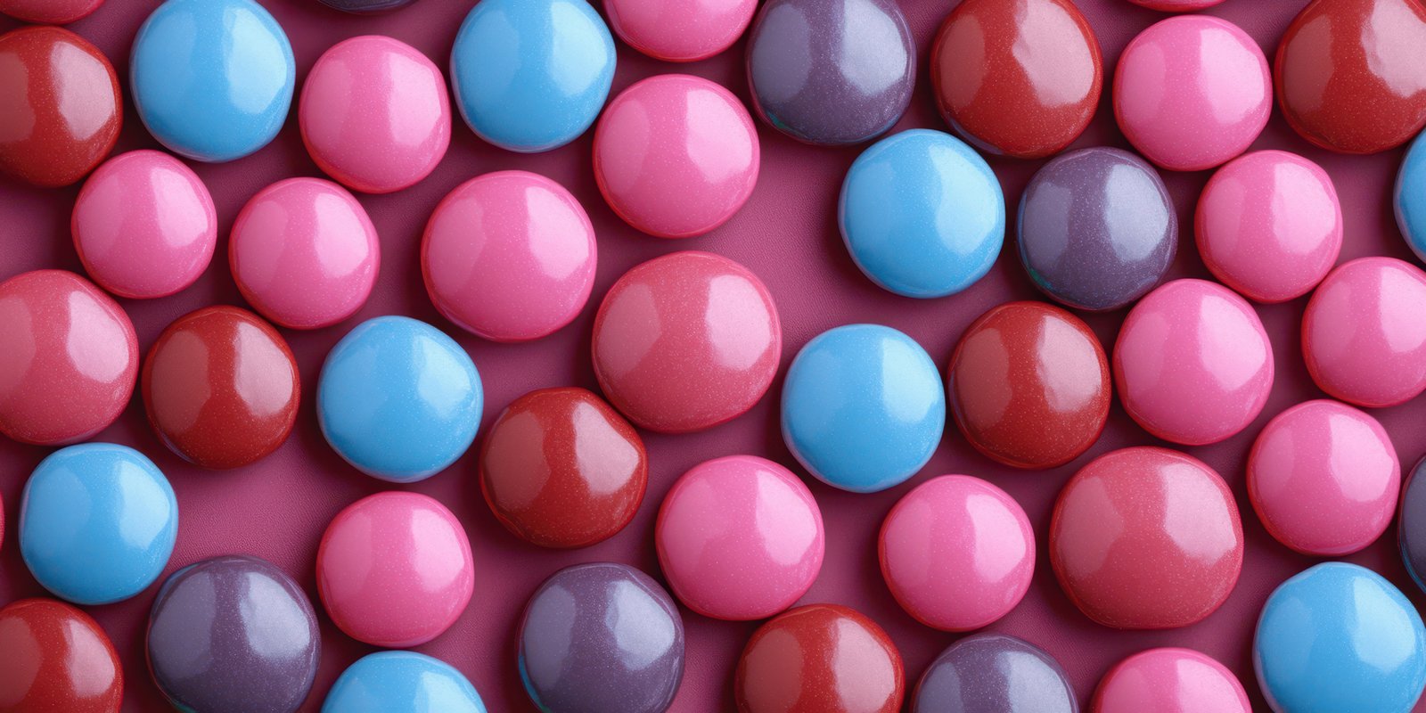 Colorful assortment of candy-coated chocolate sweets arranged on a pink surface